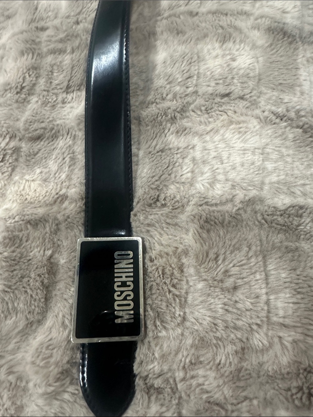 MOSCHINO Silver & Black Patent Leather Logo Belt